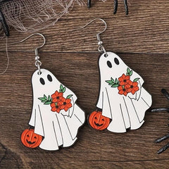 Ghost Pumpkin Pattern Dangle Earrings Retro Style Wooden Jewelry
