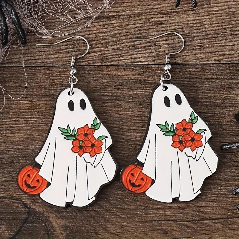 Ghost Pumpkin Pattern Dangle Earrings Retro Style Wooden Jewelry
