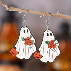 Ghost Pumpkin Pattern Dangle Earrings Retro Style Wooden Jewelry