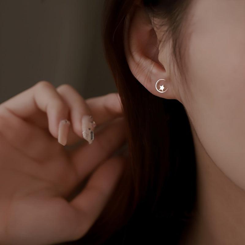 Silvery Plated Star Moon Stud Earrings Daily Jewelry