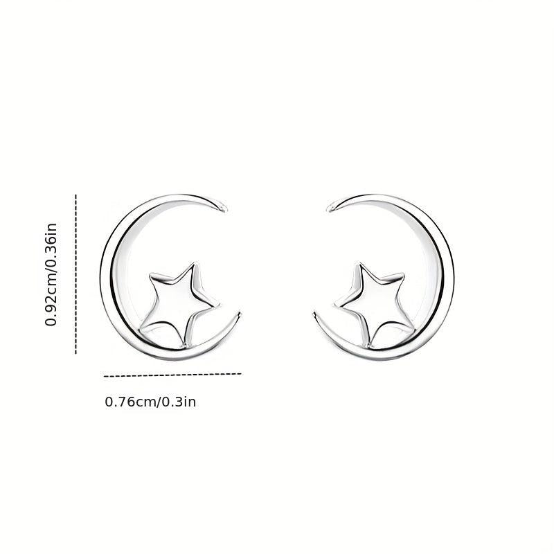 Silvery Plated Star Moon Stud Earrings Daily Jewelry