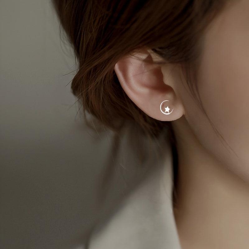 Silvery Plated Star Moon Stud Earrings Daily Jewelry