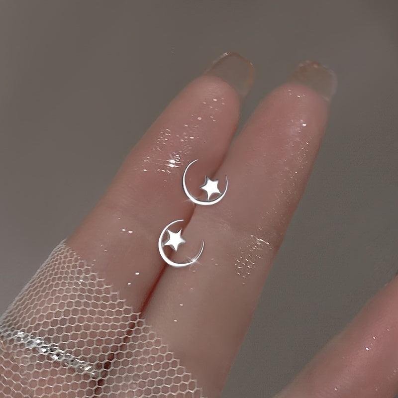 Silvery Plated Star Moon Stud Earrings Daily Jewelry