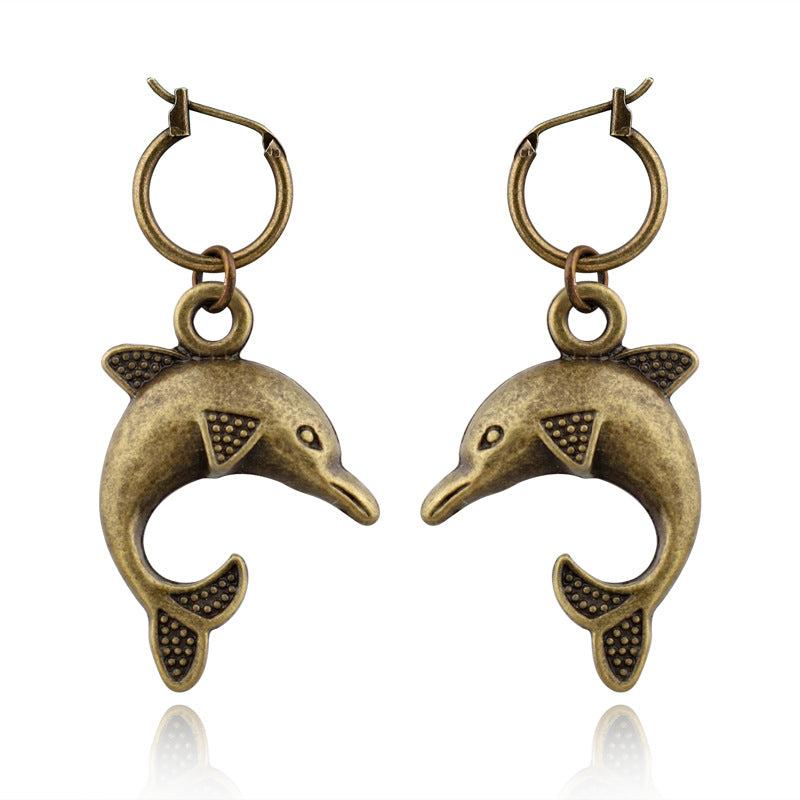 Retro Punk Bronze Earrings Dolphin Sun Seahorse Spider Earrings
