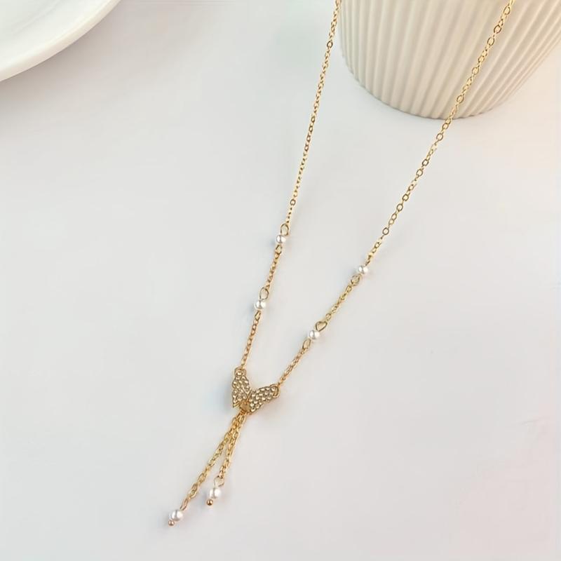 Faux Pearl Butterfly Clavicle Chain Necklace for Wedding Party