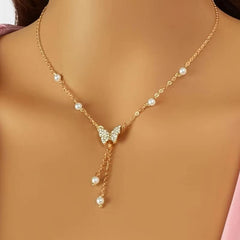 Faux Pearl Butterfly Clavicle Chain Necklace for Wedding Party