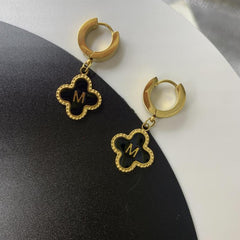 Lucky 4 Leaf Clover Earrings Letter M Stainless Steel Golden Earrings