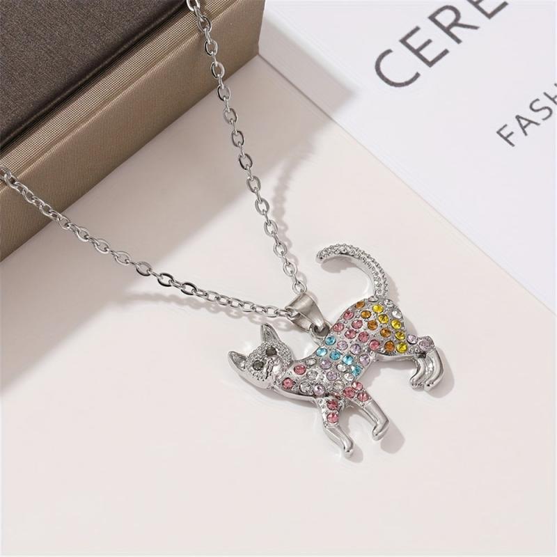 Rhinestone Cat Pendant Necklace Gift for Princess Daughter