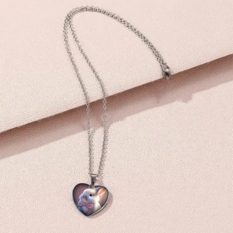 Little Rabbit Animal Crystal Love Heart Pendant Necklace For Girls