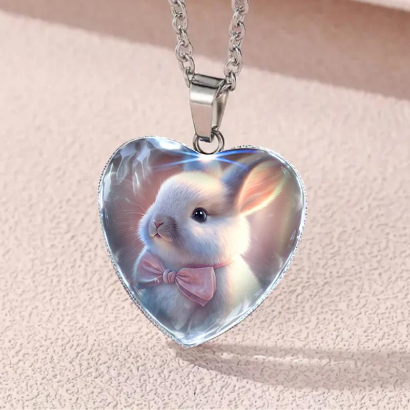 Little Rabbit Animal Crystal Love Heart Pendant Necklace For Girls