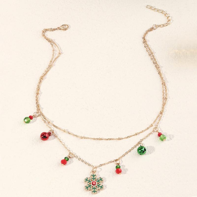 Christmas Bell Snowflake Necklace Double Layer Clavicle Chain