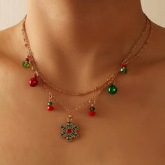 Christmas Bell Snowflake Necklace Double Layer Clavicle Chain