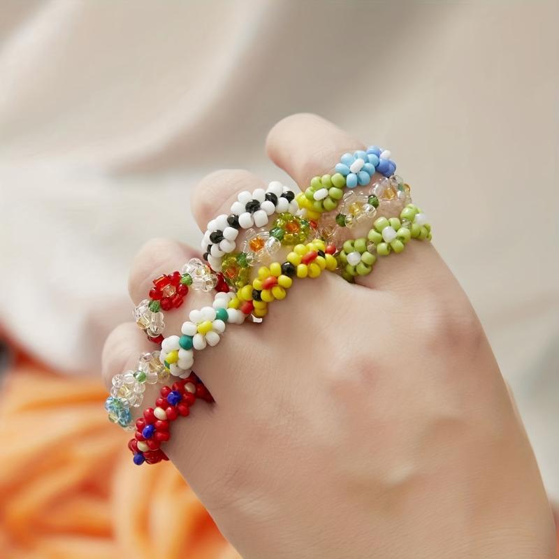 Flower Shape Rice Bead Ring Elastic Band Women
