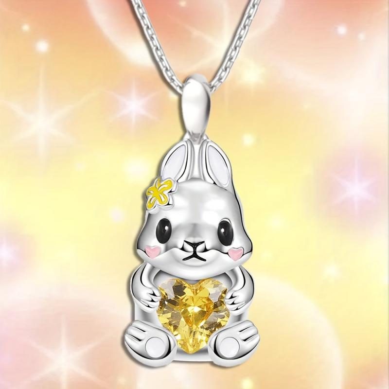 Yellow Heart Gemstone Rabbit Pendant Necklace - Animal Jewelry