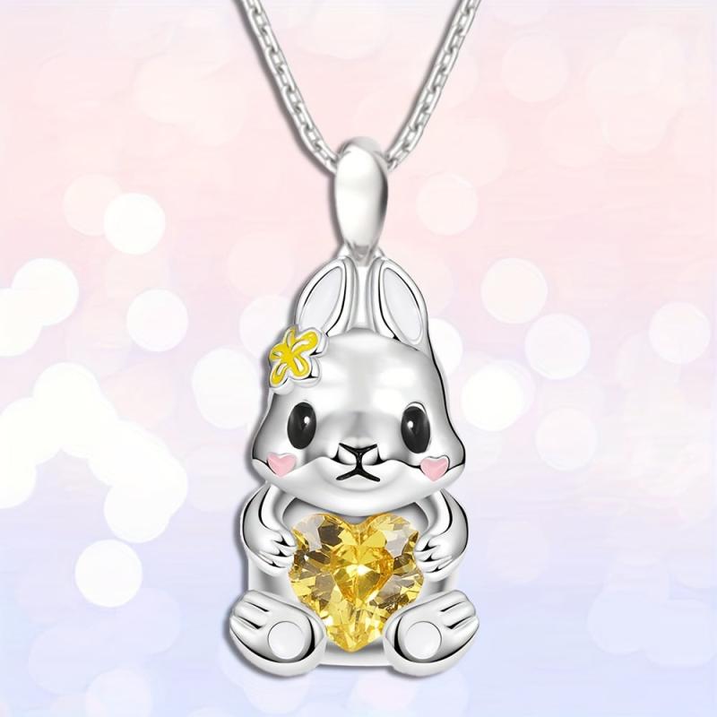 Yellow Heart Gemstone Rabbit Pendant Necklace - Animal Jewelry