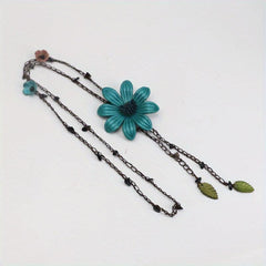 Cotton Hemp Sweater Chain Tassel Leather Flower Long Necklace