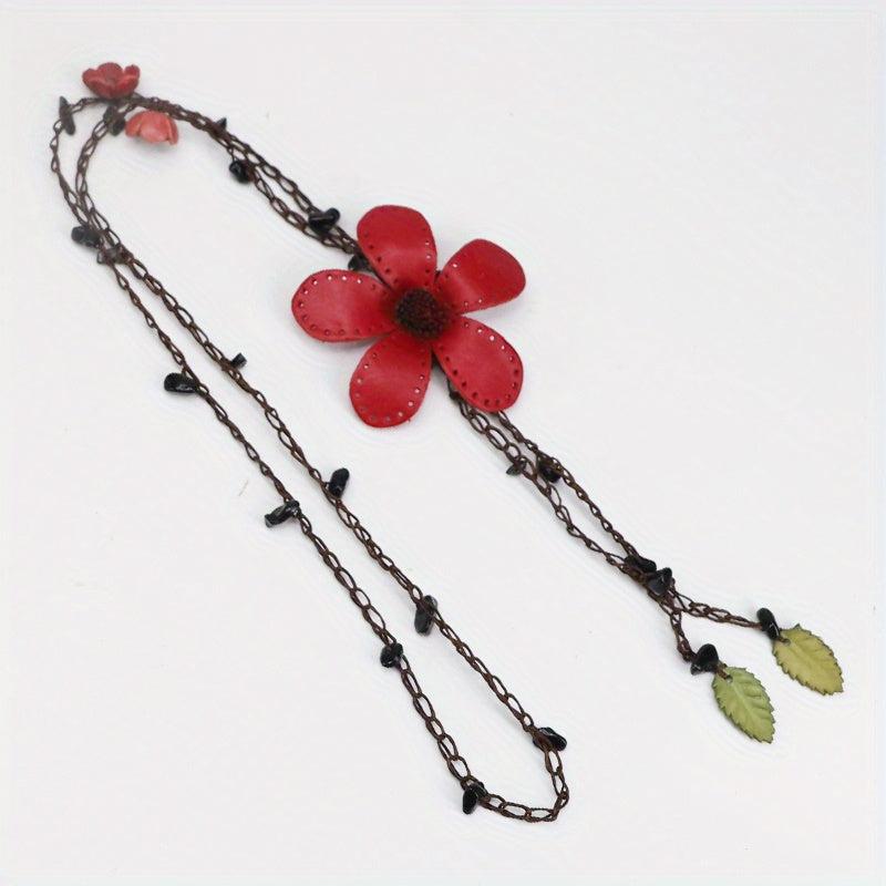 Cotton Hemp Sweater Chain Tassel Leather Flower Long Necklace