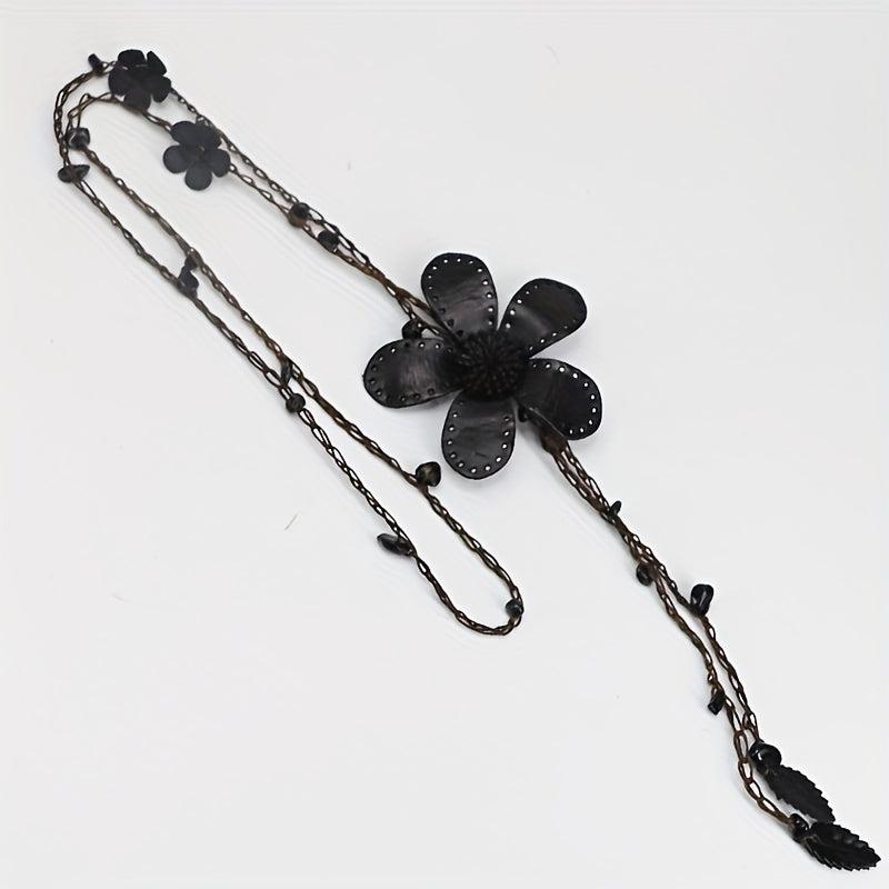 Cotton Hemp Sweater Chain Tassel Leather Flower Long Necklace