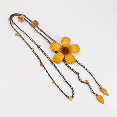 Cotton Hemp Sweater Chain Tassel Leather Flower Long Necklace