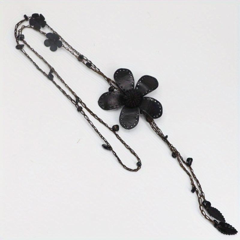 Cotton Hemp Sweater Chain Tassel Leather Flower Long Necklace