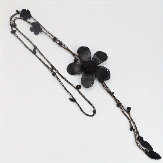 Cotton Hemp Sweater Chain Tassel Leather Flower Long Necklace