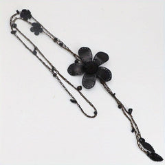 Cotton Hemp Sweater Chain Tassel Leather Flower Long Necklace