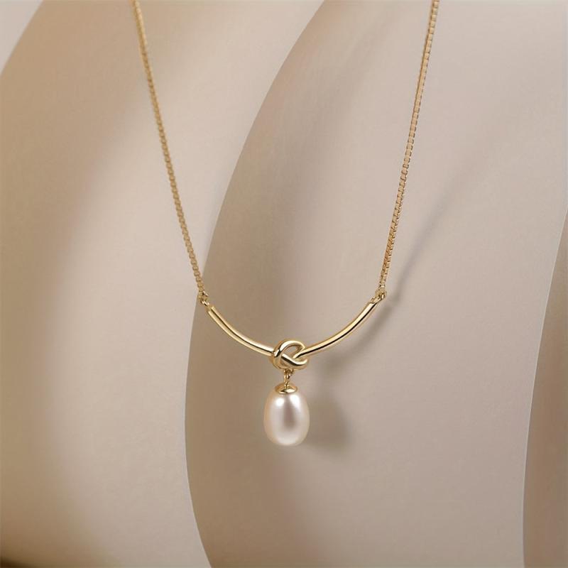 Geometric Lines Faux Pearl Rope Knot Pendant Necklace