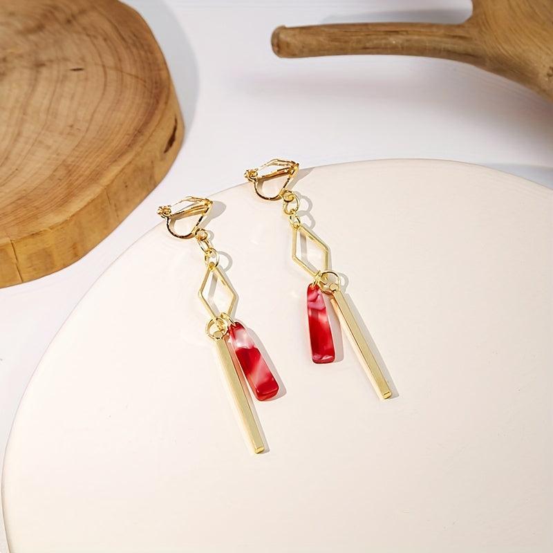 Chinese Style Tassel Ear Clips Red Geometric Design