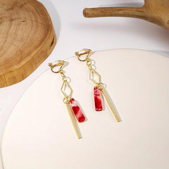 Chinese Style Tassel Ear Clips Red Geometric Design