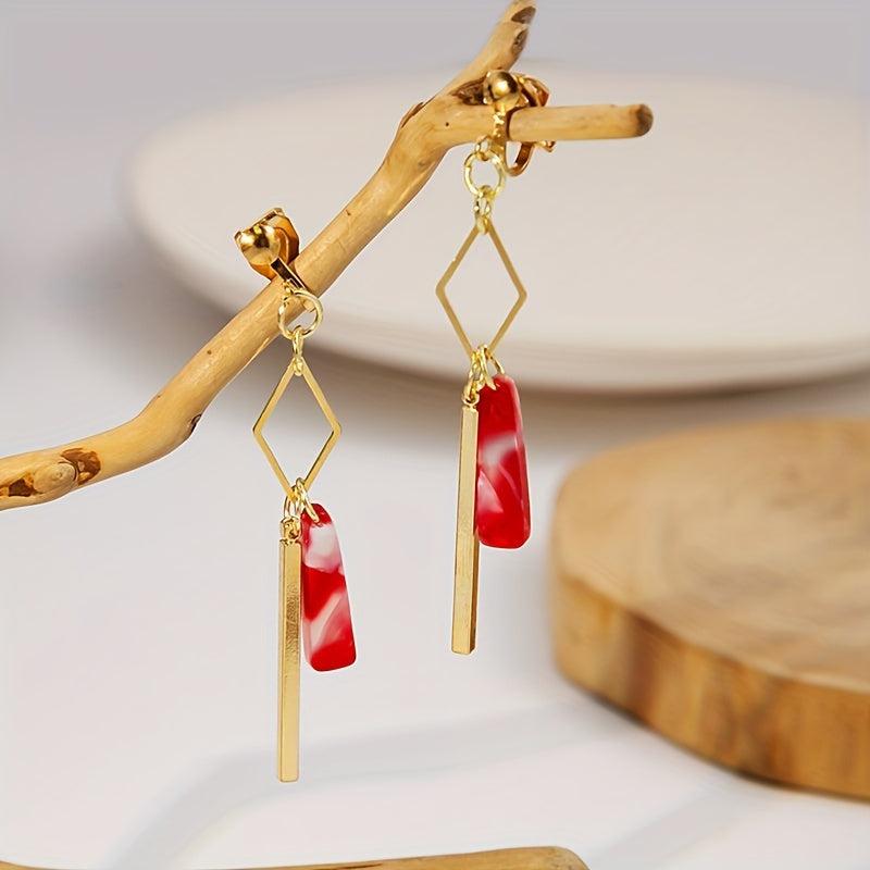 Chinese Style Tassel Ear Clips Red Geometric Design
