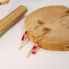 Chinese Style Tassel Ear Clips Red Geometric Design