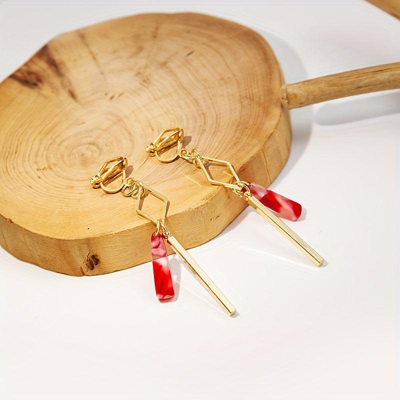 Chinese Style Tassel Ear Clips Red Geometric Design