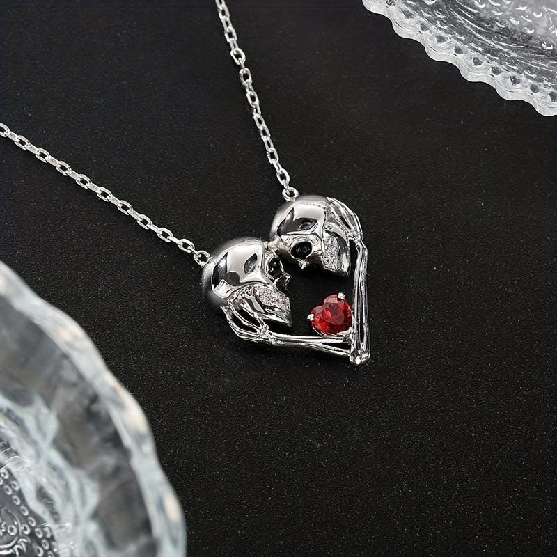 Skull Pendant Necklace Heart Red Crystal Men Women Banquet Jewelry