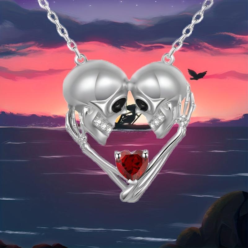 Skull Pendant Necklace Heart Red Crystal Men Women Banquet Jewelry