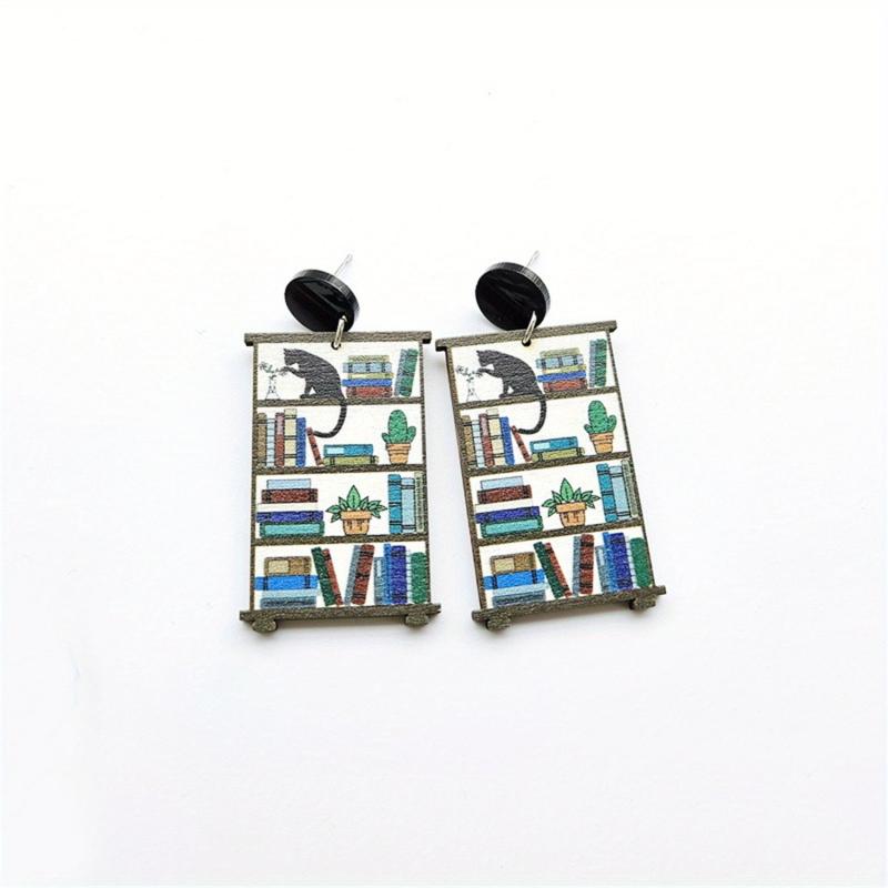 Cat Themed Bookcase Earrings - Ideal Gift for Teachers