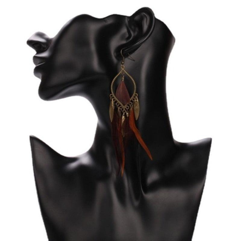 Boho Feather Long Earrings Exaggerated Casual Style