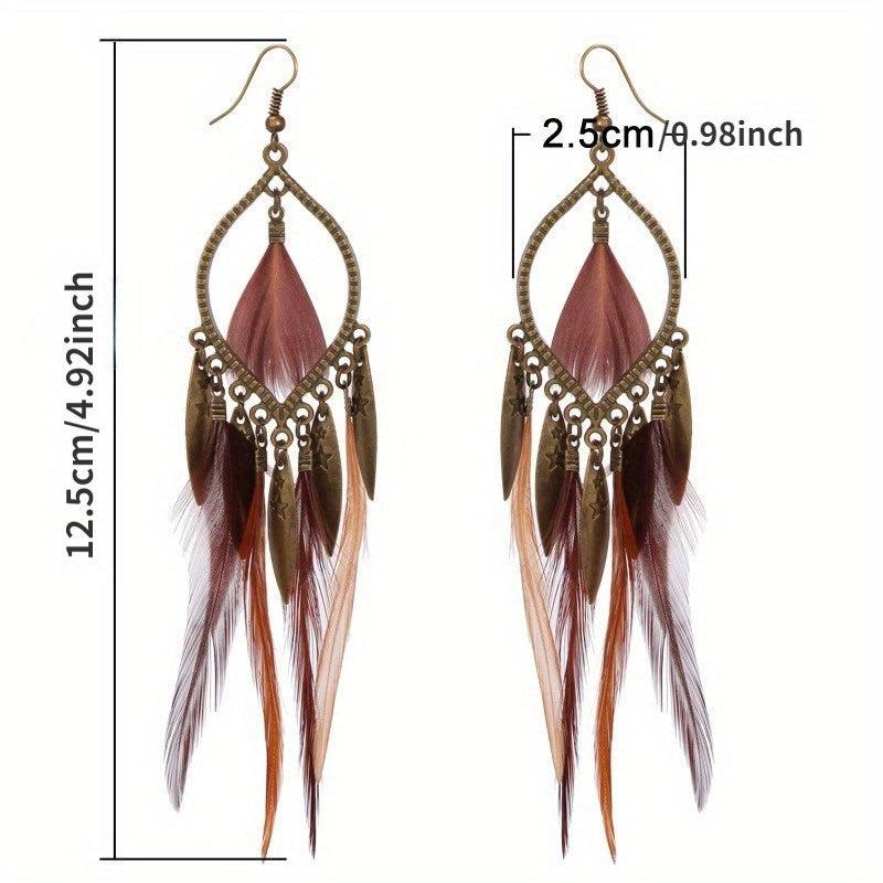 Boho Feather Long Earrings Exaggerated Casual Style