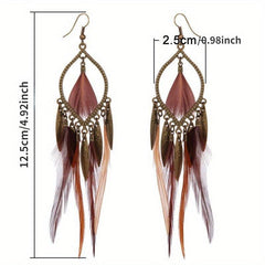 Boho Feather Long Earrings Exaggerated Casual Style