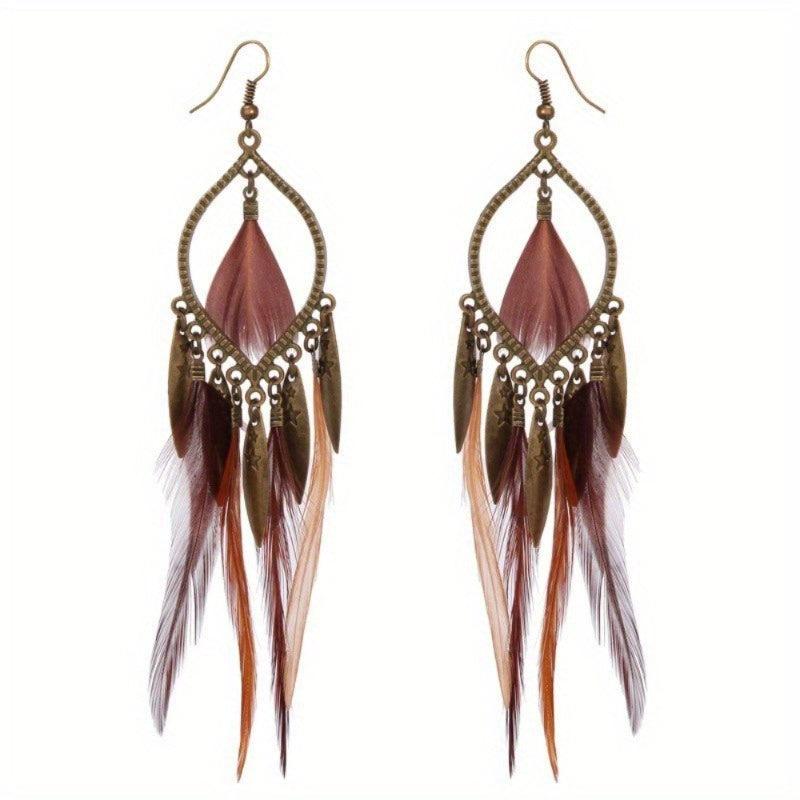 Boho Feather Long Earrings Exaggerated Casual Style