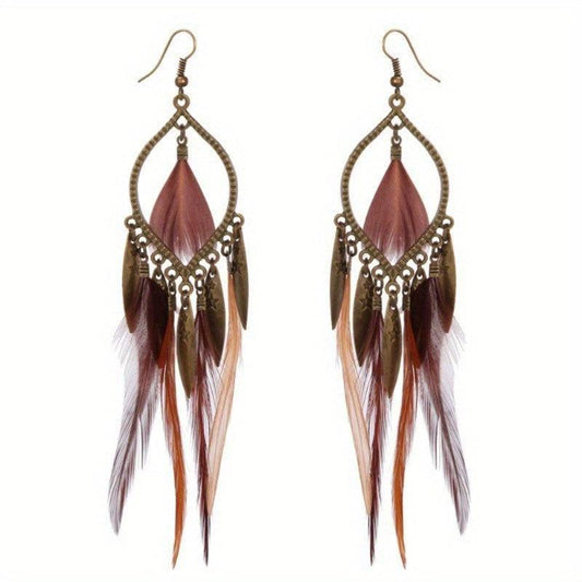 Boho Feather Long Earrings Exaggerated Casual Style