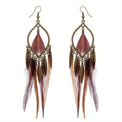 Boho Feather Long Earrings Exaggerated Casual Style