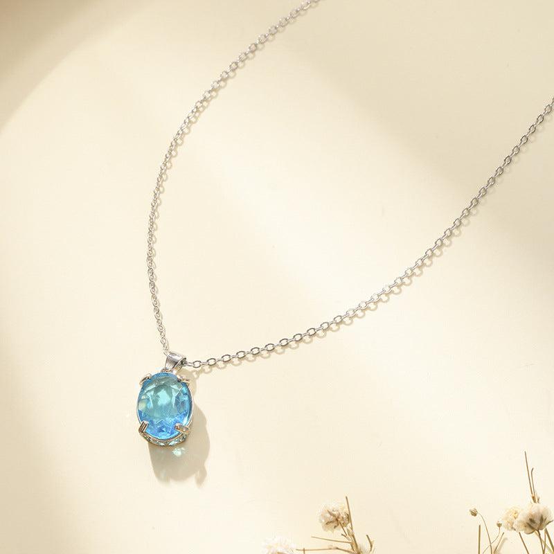 Sky Topaz Gemstone Necklace with Rhinestone Pendant