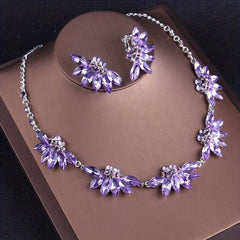 Romantic Purple Crystal Crown Necklace Earrings Set