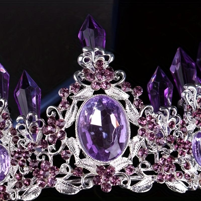 Romantic Purple Crystal Crown Necklace Earrings Set