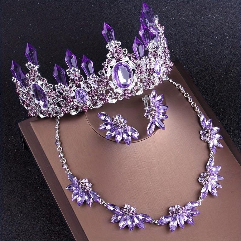 Romantic Purple Crystal Crown Necklace Earrings Set