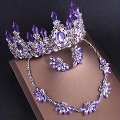Romantic Purple Crystal Crown Necklace Earrings Set