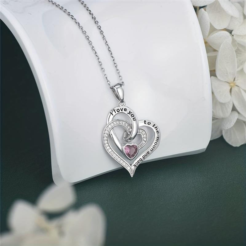 Pink Crystal Heart Pendant Necklace Women Jewelry Romantic Birthday Gift