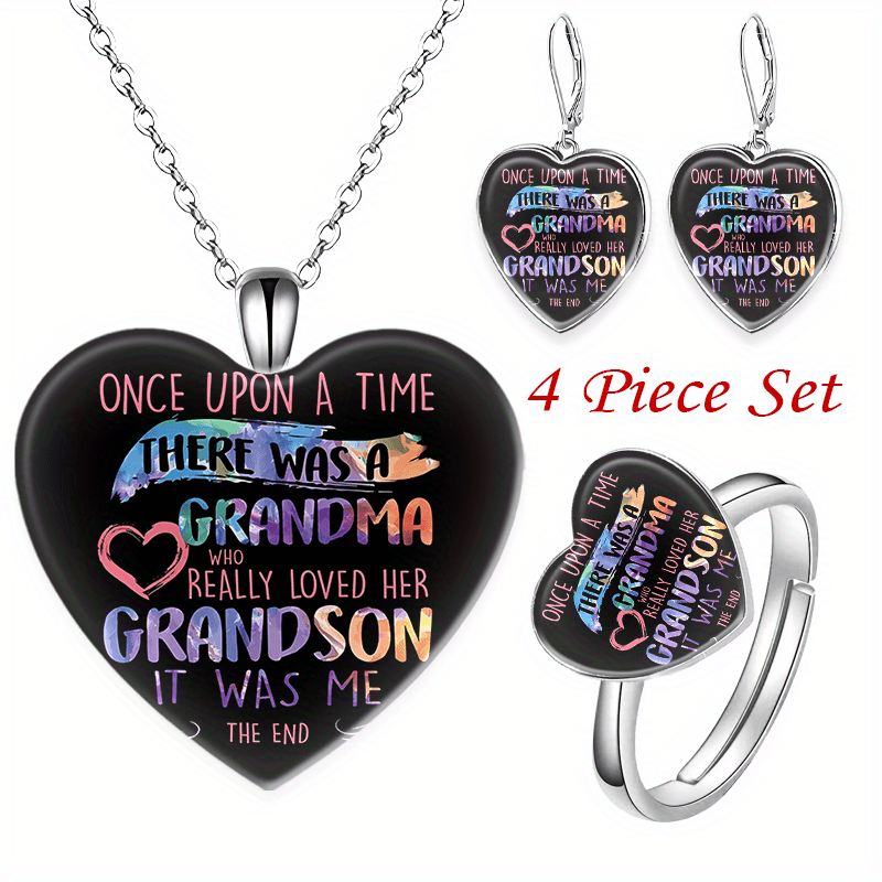 4pcs Heart Pendant Necklace Ring Earrings Set Gift