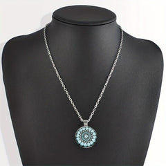 Round Flower Print Crystal Bead Pendant Necklace For Men And Women