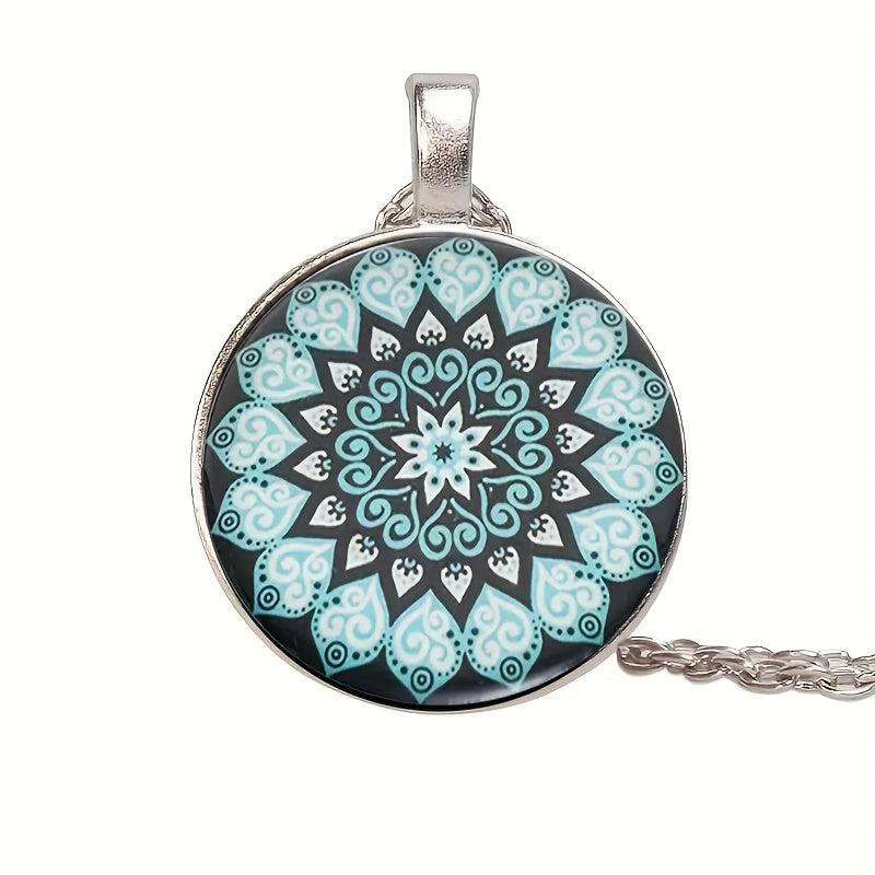 Round Flower Print Crystal Bead Pendant Necklace For Men And Women